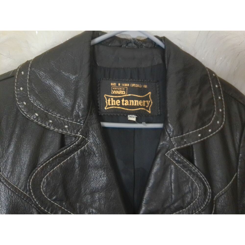 Vintage Montgomery Ward The Tannery Black Leather Jacket Car Coat Size 15/16 - Picture 2 of 7